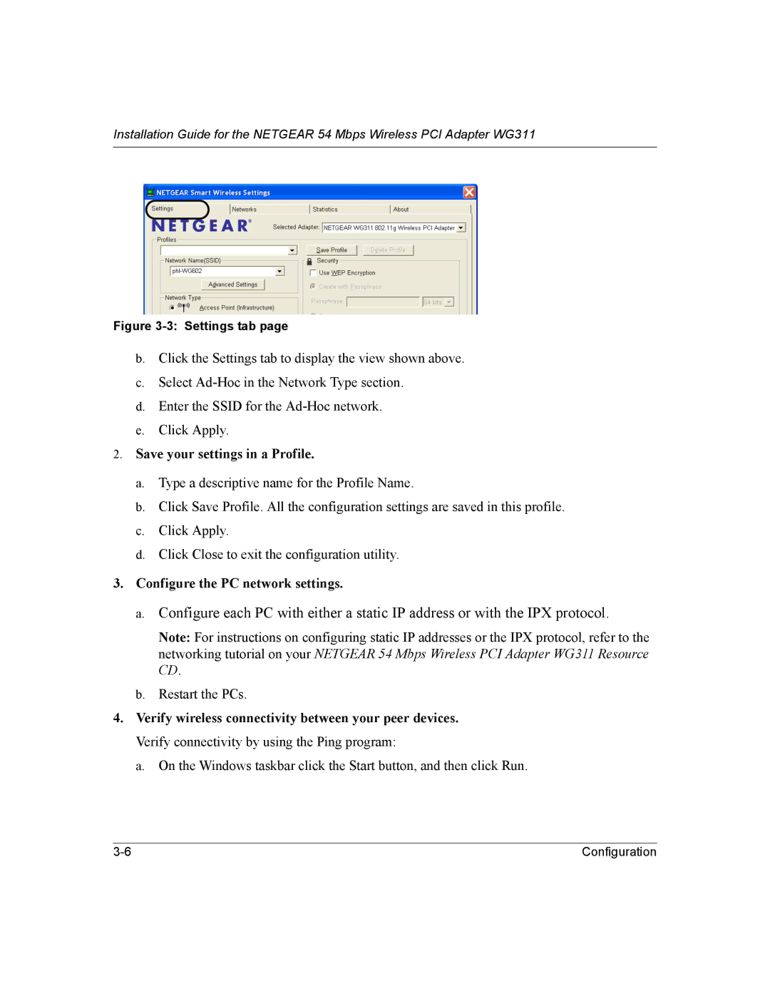 NETGEAR WG311 manual Configure the PC network settings 