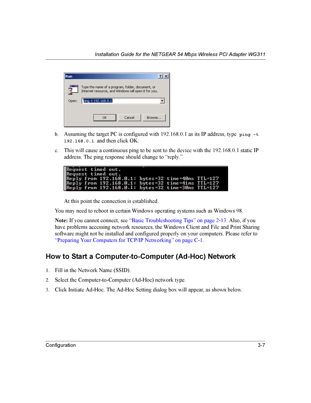 NETGEAR WG311 manual How to Start a Computer-to-Computer Ad-Hoc Network 