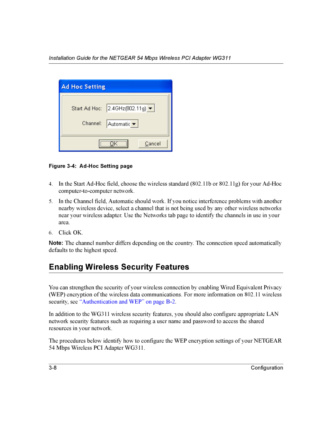 NETGEAR WG311 manual Enabling Wireless Security Features, Ad-Hoc Setting 