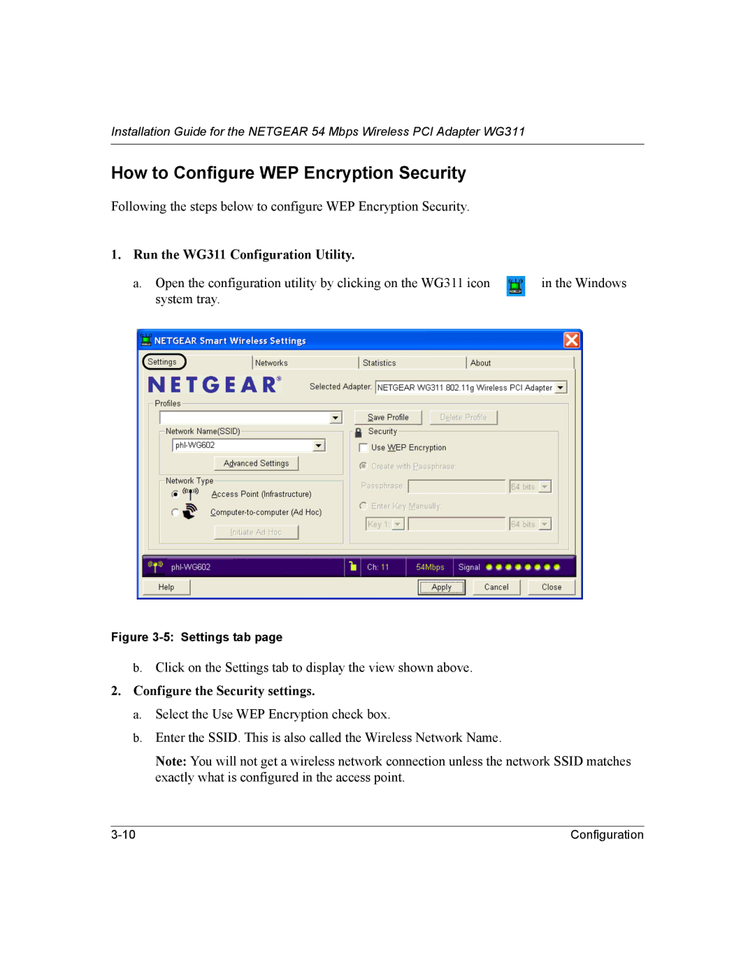 NETGEAR WG311 manual How to Configure WEP Encryption Security, Configure the Security settings 