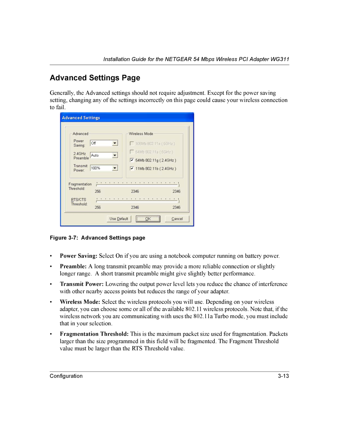 NETGEAR WG311 manual Advanced Settings 