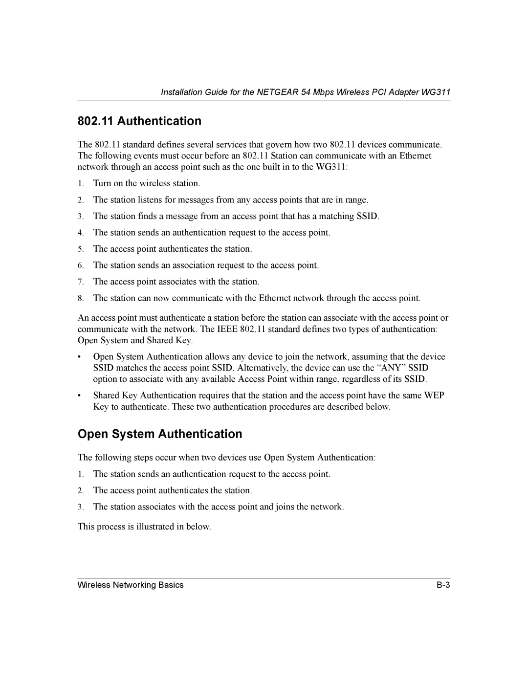 NETGEAR WG311 manual Open System Authentication 