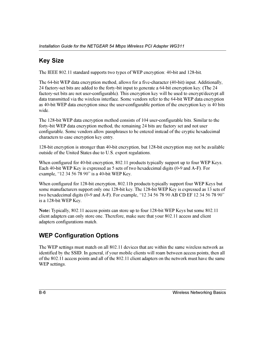 NETGEAR WG311 manual Key Size, WEP Configuration Options 