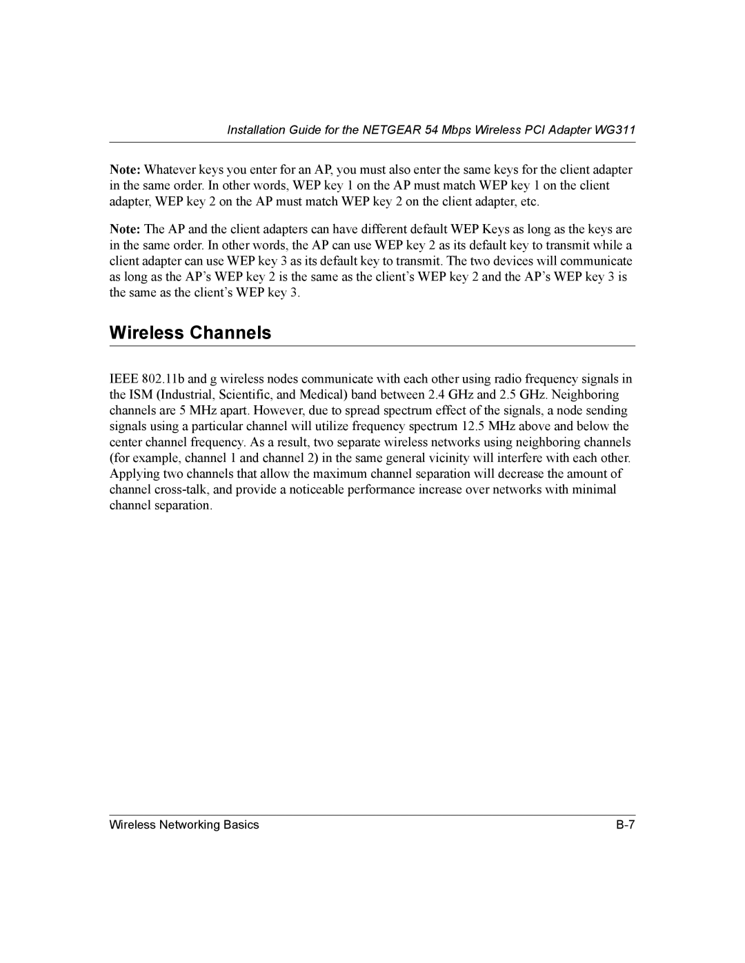 NETGEAR WG311 manual Wireless Channels 