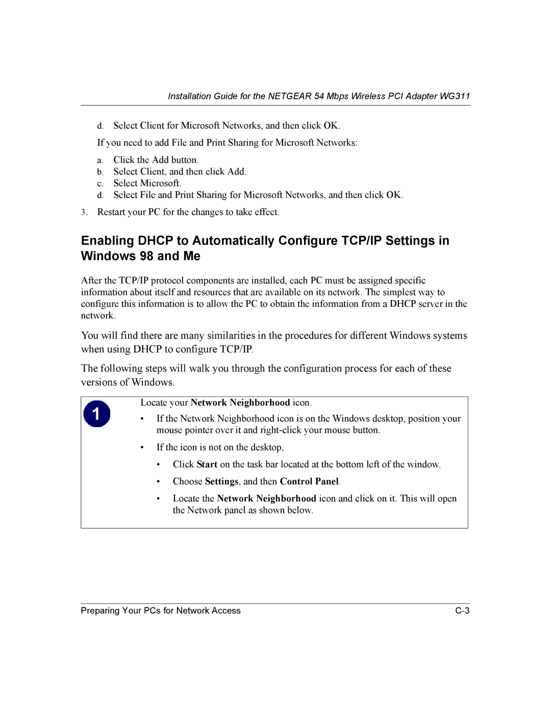 NETGEAR WG311 manual Locate your Network Neighborhood icon, Choose Settings, and then Control Panel 