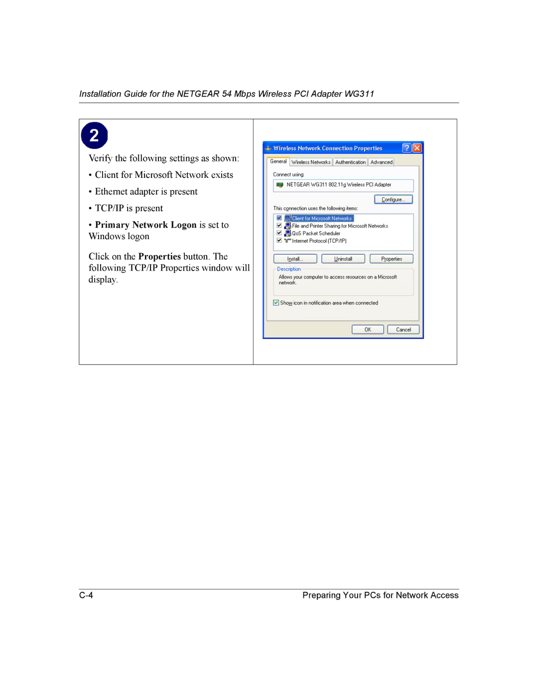 NETGEAR WG311 manual Primary Network Logon is set to Windows logon 