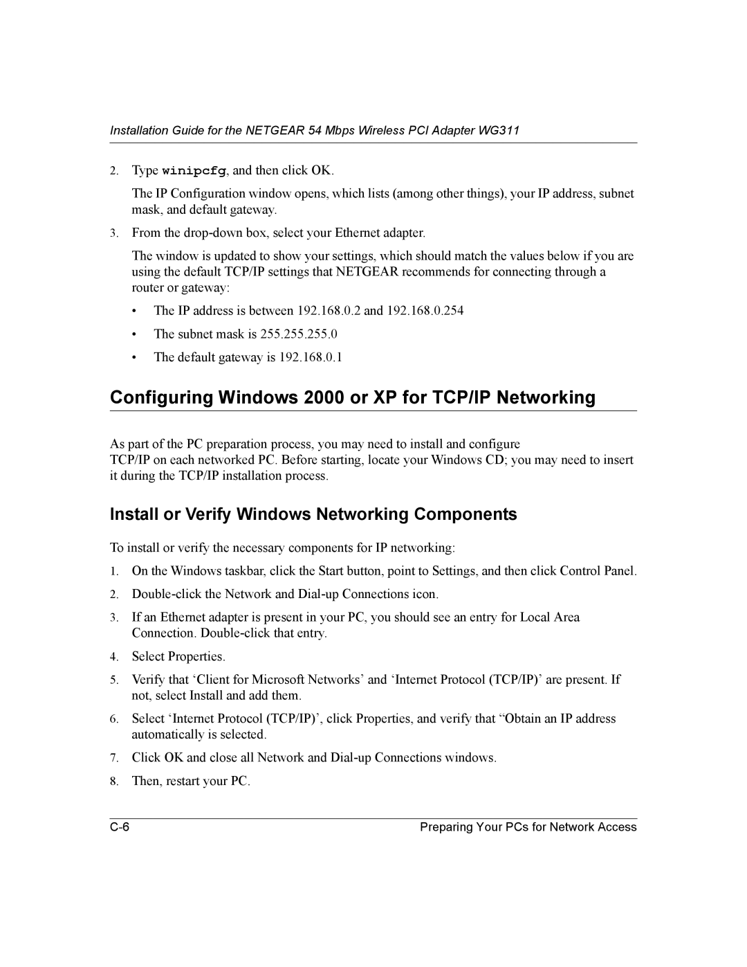 NETGEAR WG311 manual Configuring Windows 2000 or XP for TCP/IP Networking, Install or Verify Windows Networking Components 