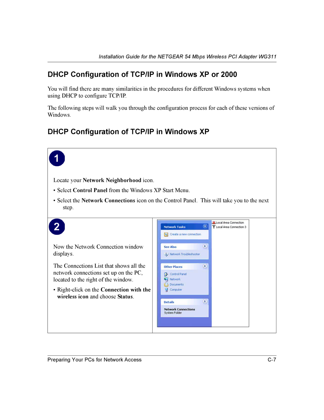 NETGEAR WG311 manual Dhcp Configuration of TCP/IP in Windows XP or 