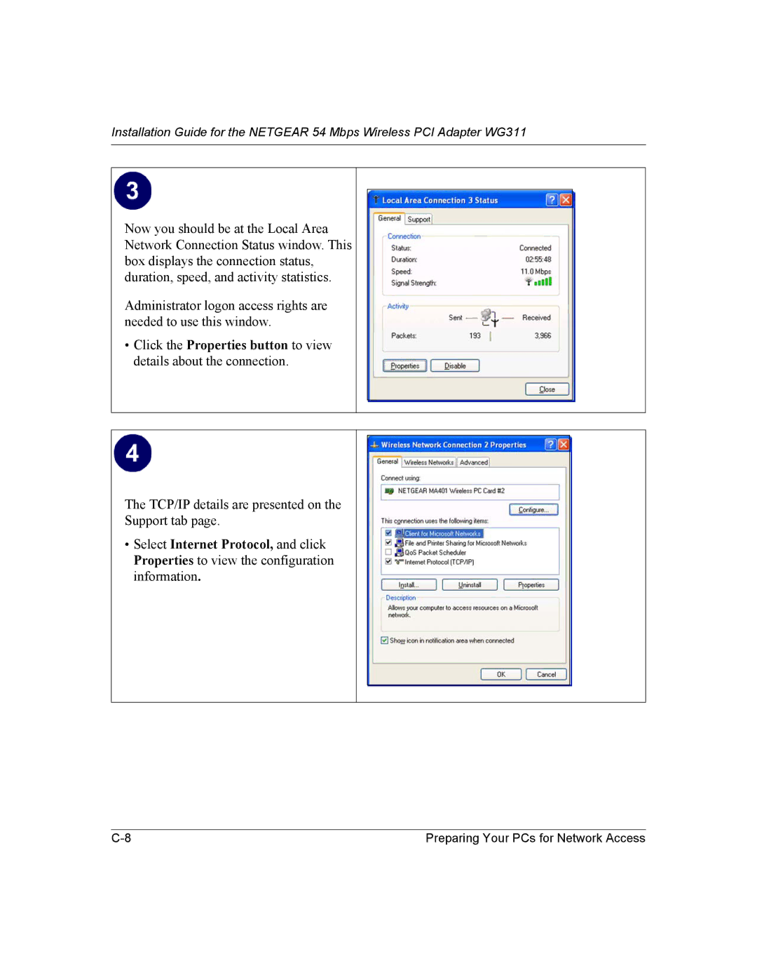 NETGEAR WG311 manual TCP/IP details are presented on Support tab 