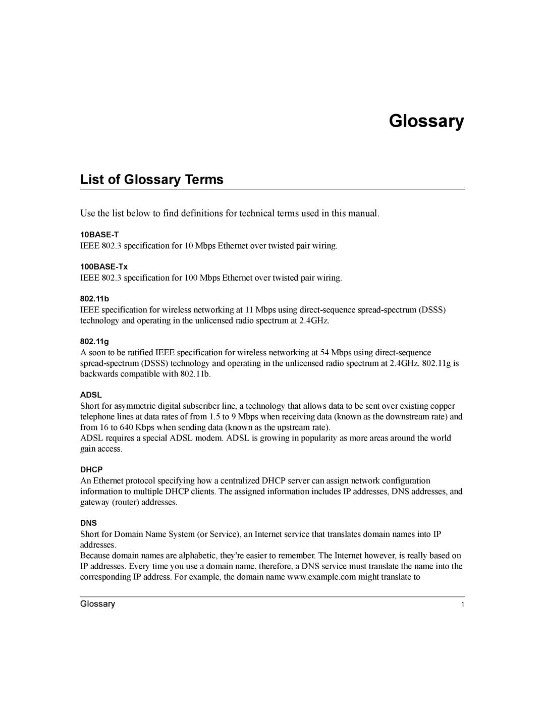 NETGEAR WG311 manual List of Glossary Terms 