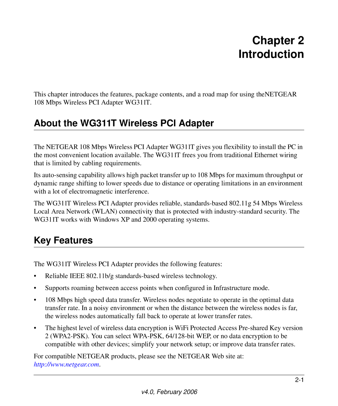 NETGEAR user manual Chapter Introduction, About the WG311T Wireless PCI Adapter, Key Features 