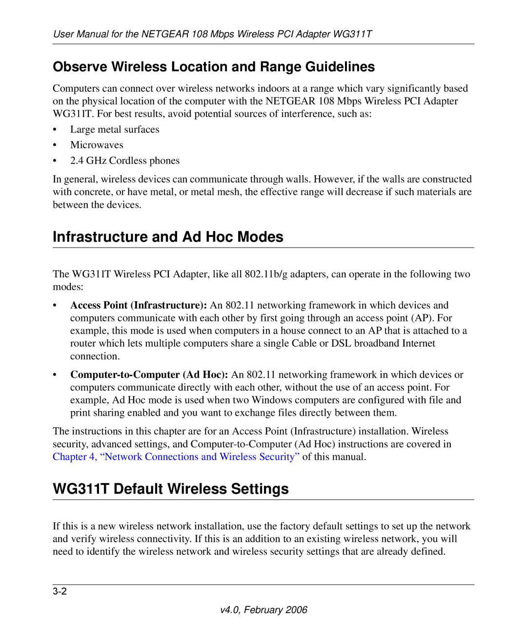 NETGEAR user manual Infrastructure and Ad Hoc Modes, WG311T Default Wireless Settings 