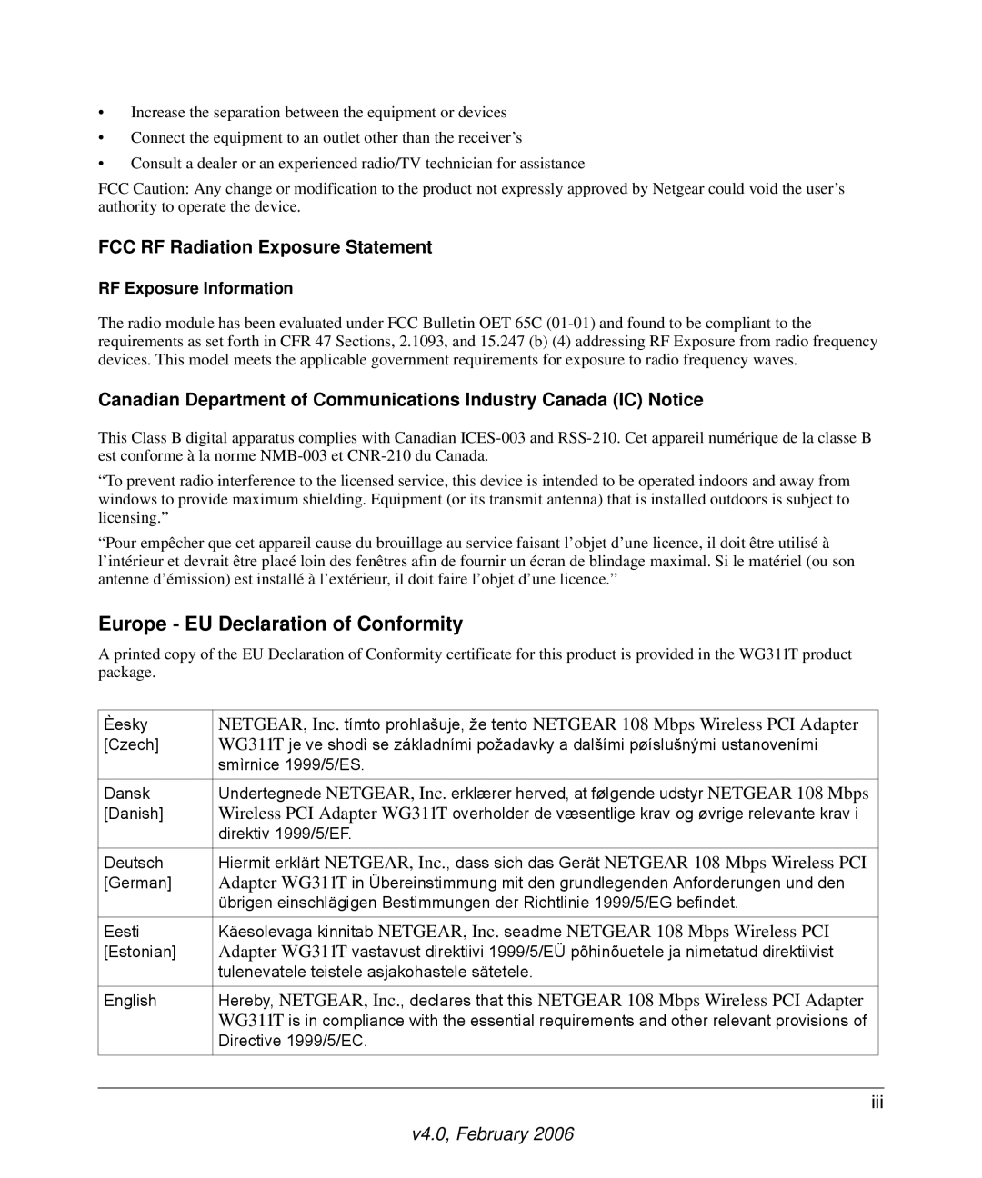 NETGEAR WG311T user manual Europe EU Declaration of Conformity 