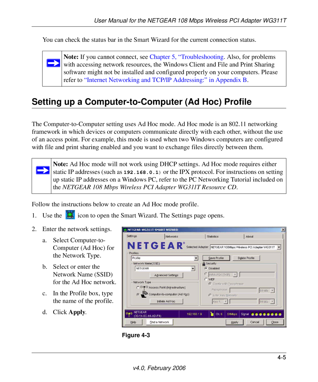 NETGEAR WG311T user manual Setting up a Computer-to-Computer Ad Hoc Profile 