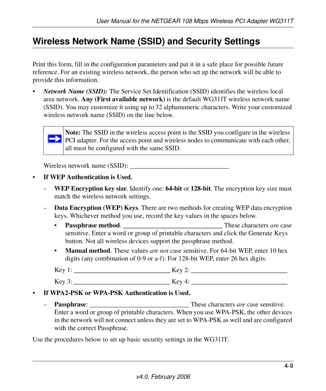 NETGEAR WG311T user manual Wireless Network Name Ssid and Security Settings, If WEP Authentication is Used 