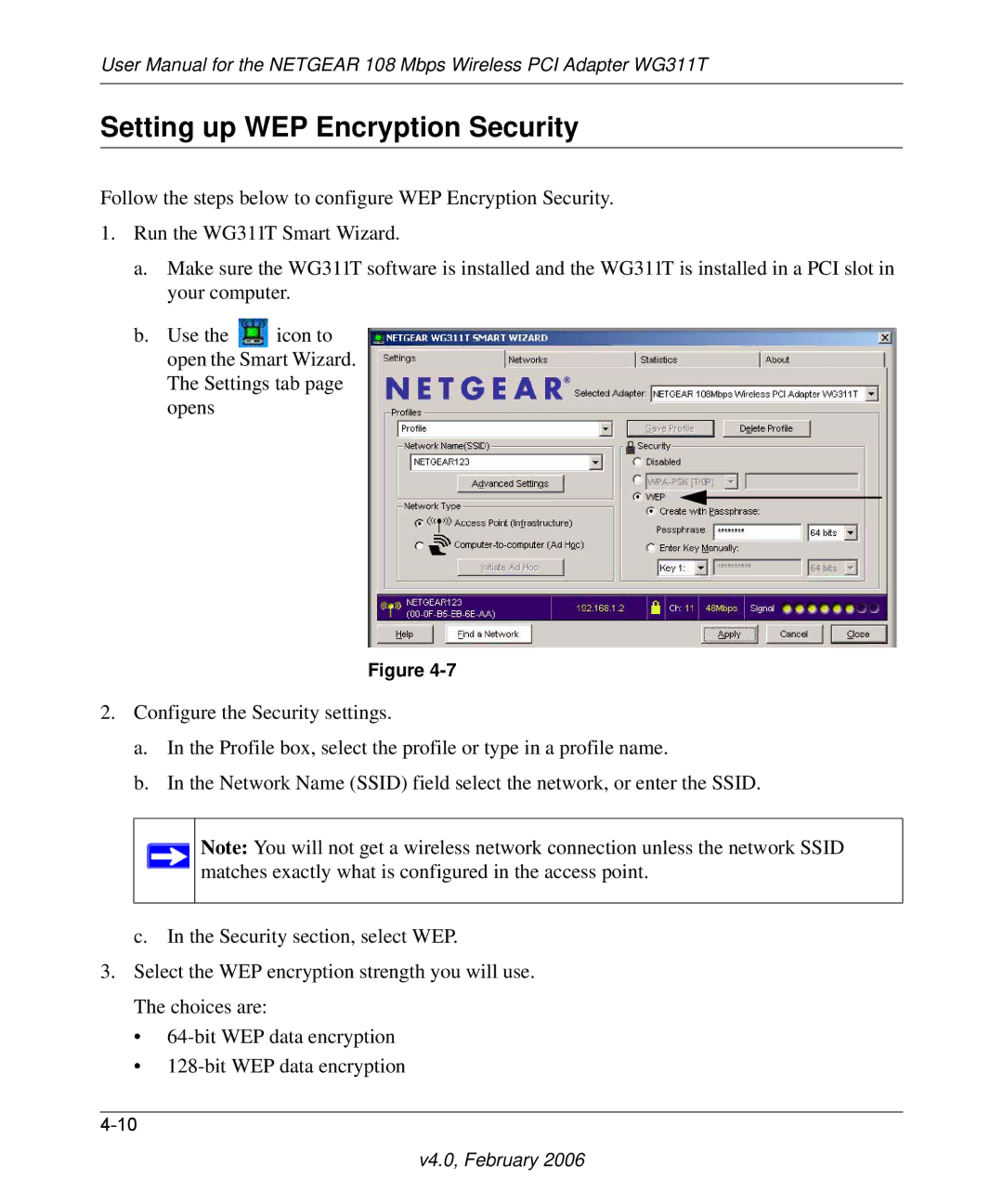 NETGEAR WG311T user manual Setting up WEP Encryption Security 