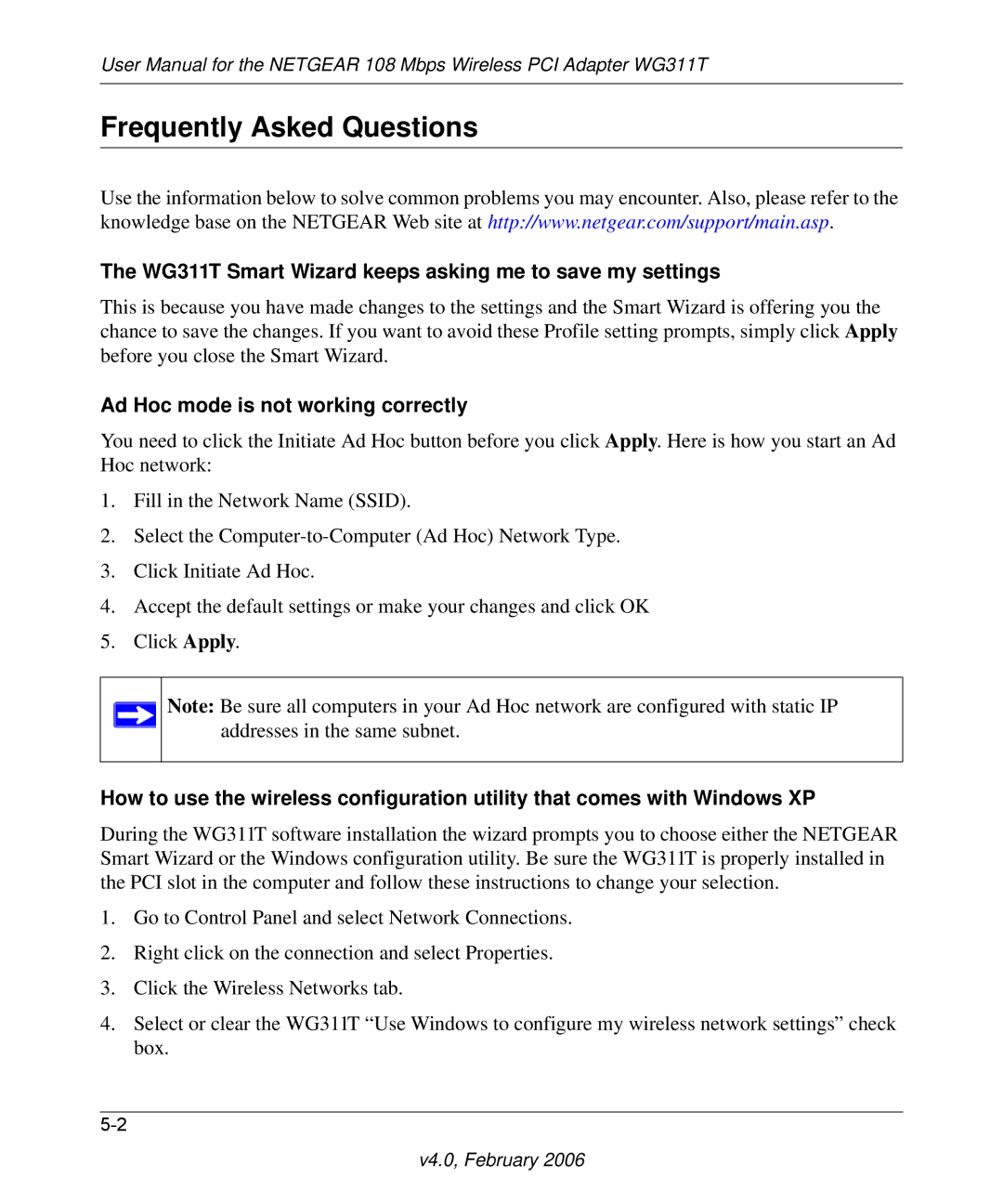 NETGEAR user manual Frequently Asked Questions, WG311T Smart Wizard keeps asking me to save my settings 