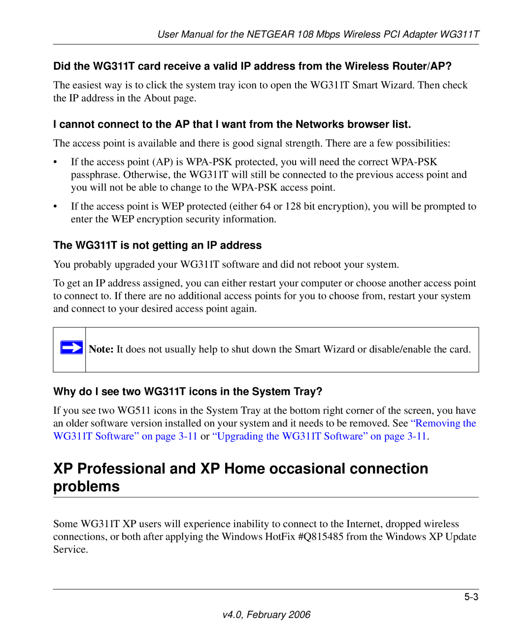 NETGEAR user manual XP Professional and XP Home occasional connection problems, WG311T is not getting an IP address 