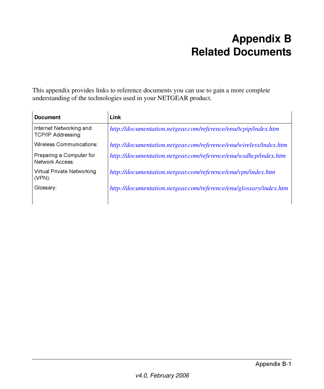 NETGEAR WG311T user manual Appendix B Related Documents, Document Link 