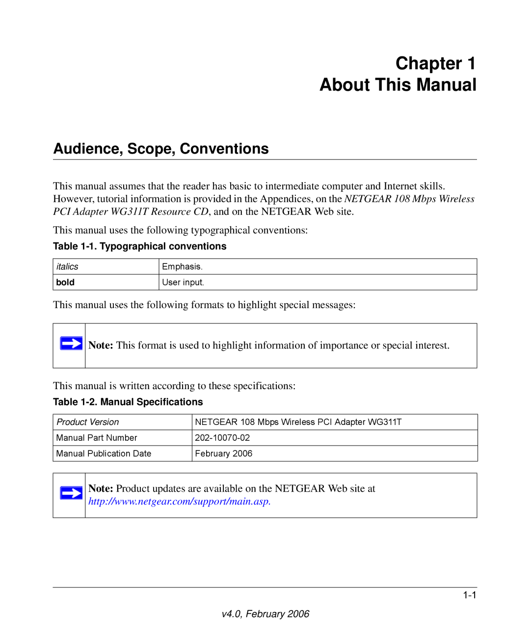 NETGEAR WG311T user manual Chapter About This Manual, Audience, Scope, Conventions 