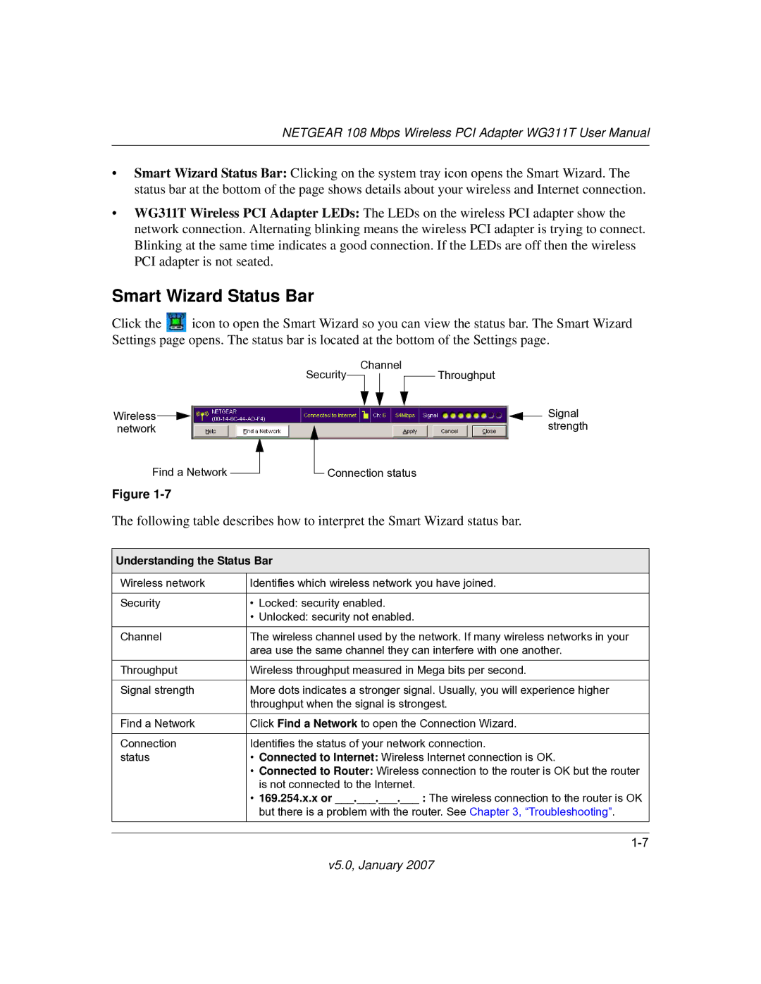 NETGEAR WG311T user manual Smart Wizard Status Bar, Understanding the Status Bar 