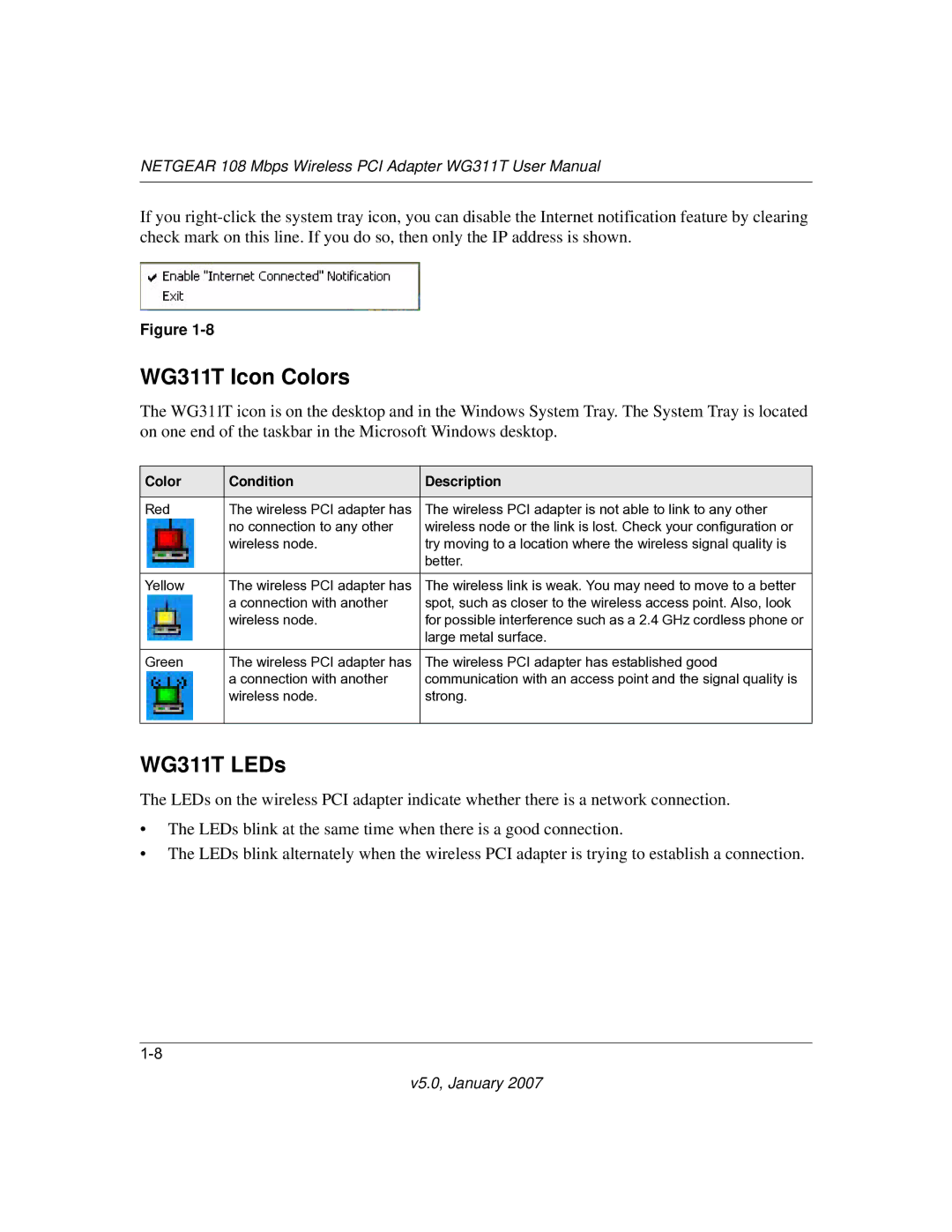 NETGEAR user manual WG311T Icon Colors, WG311T LEDs 