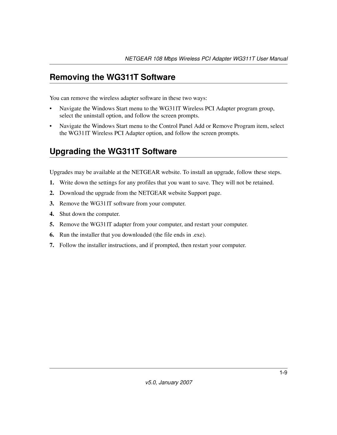 NETGEAR user manual Removing the WG311T Software, Upgrading the WG311T Software 