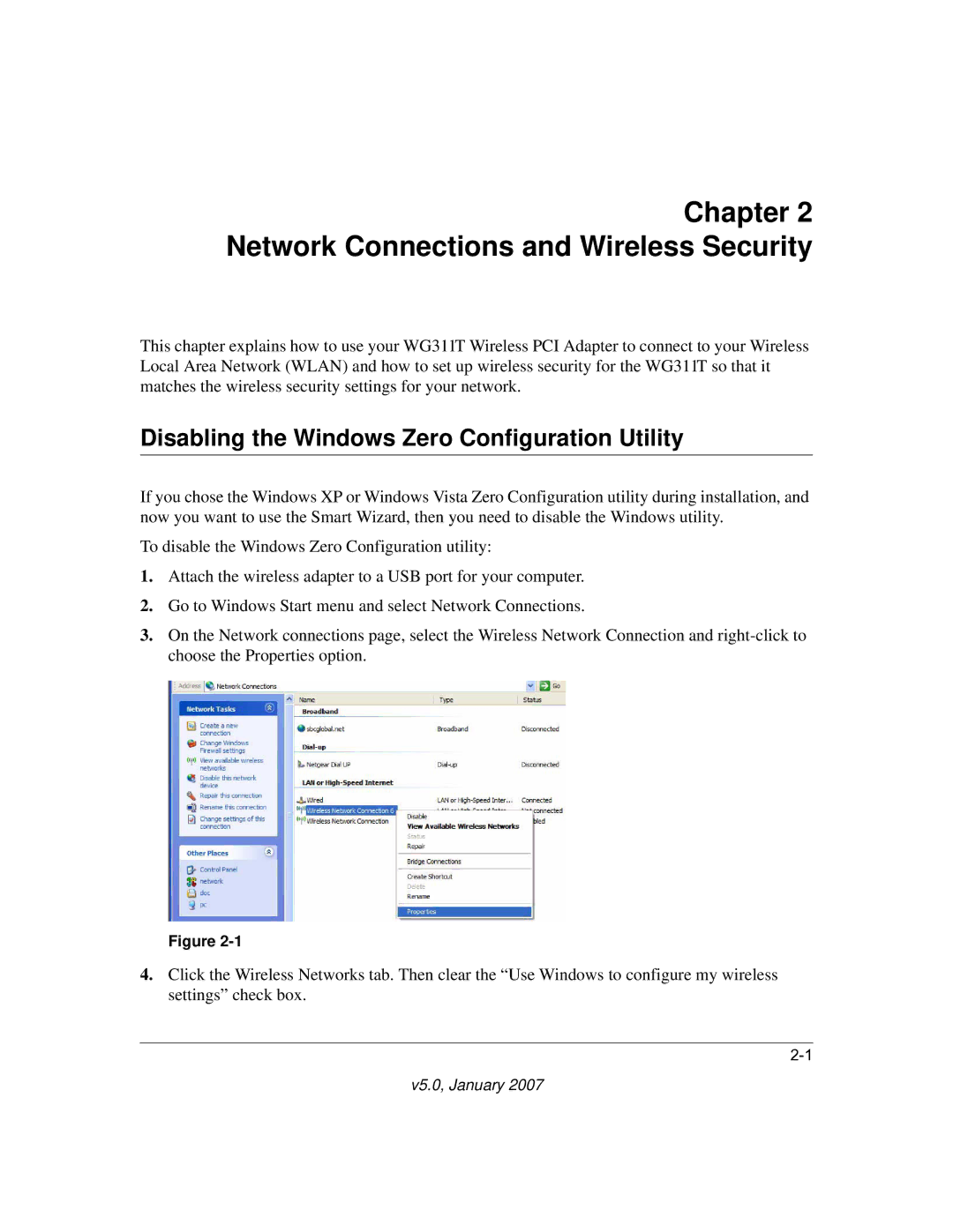 NETGEAR WG311T user manual Network Connections and Wireless Security, Disabling the Windows Zero Configuration Utility 