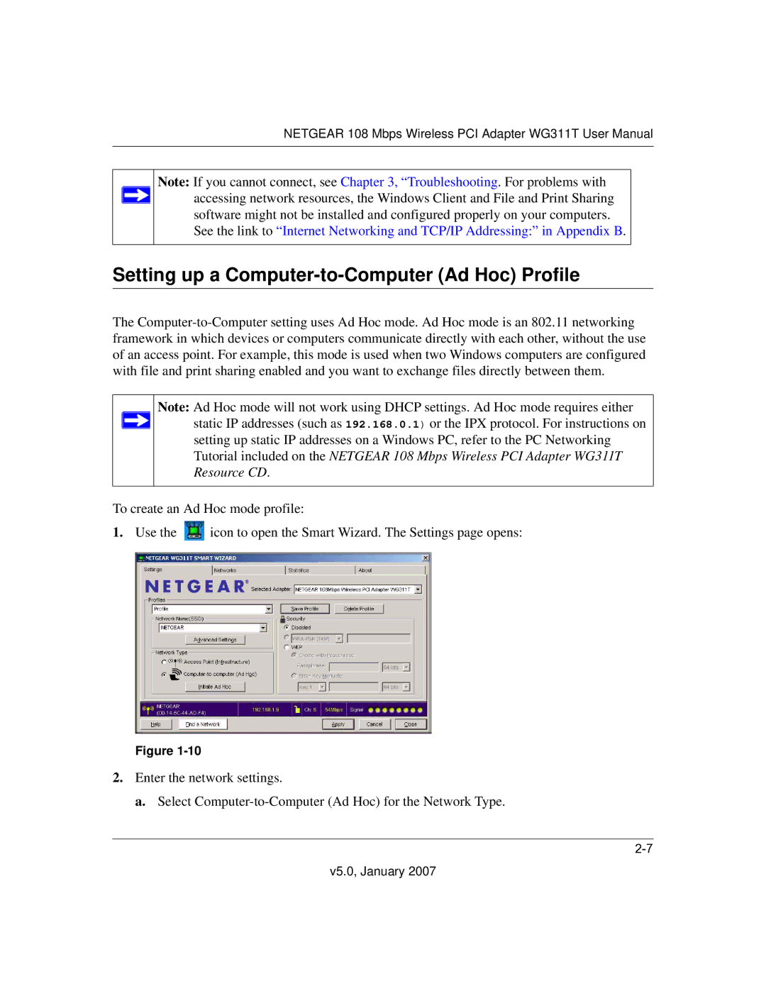 NETGEAR WG311T user manual Setting up a Computer-to-Computer Ad Hoc Profile 