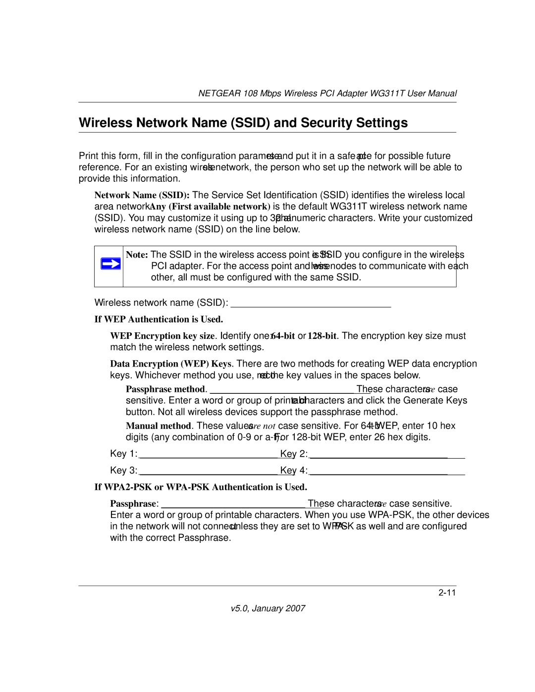 NETGEAR WG311T user manual Wireless Network Name Ssid and Security Settings, If WEP Authentication is Used 