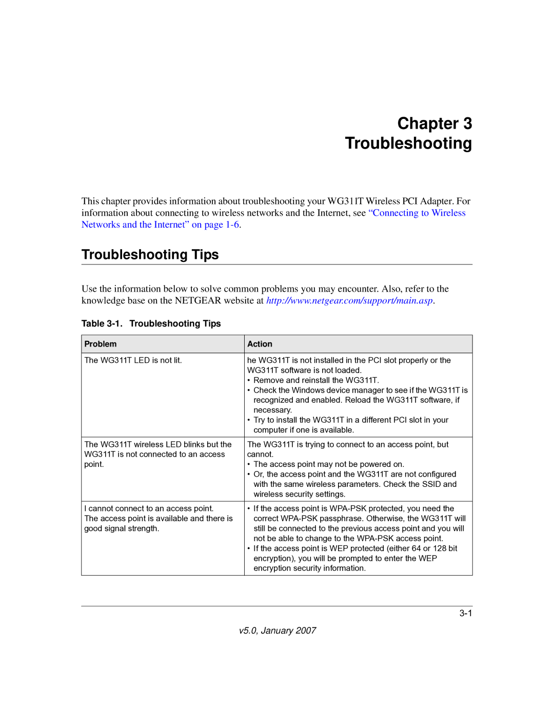 NETGEAR WG311T user manual Chapter Troubleshooting, Troubleshooting Tips 