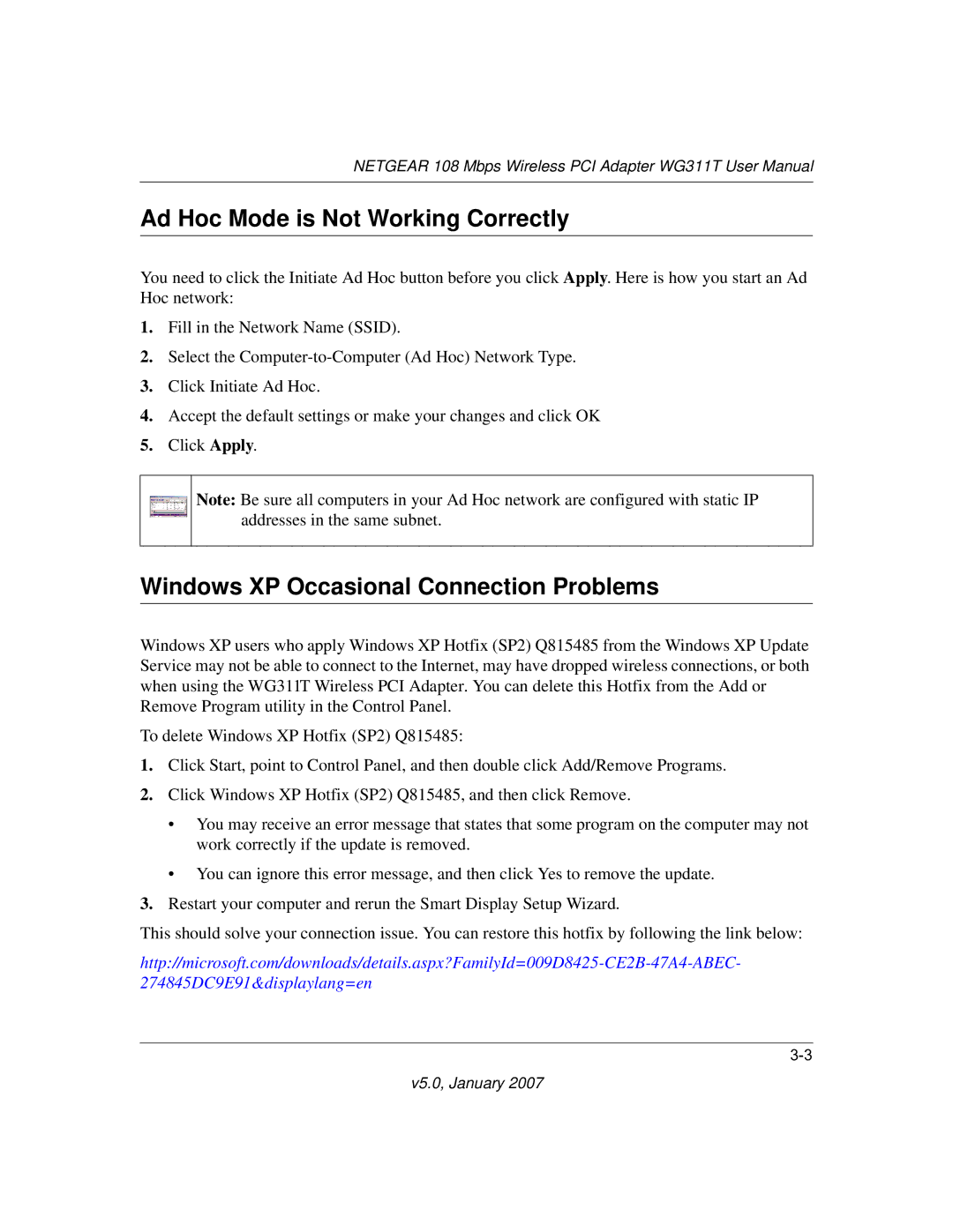 NETGEAR WG311T user manual Ad Hoc Mode is Not Working Correctly, Windows XP Occasional Connection Problems 