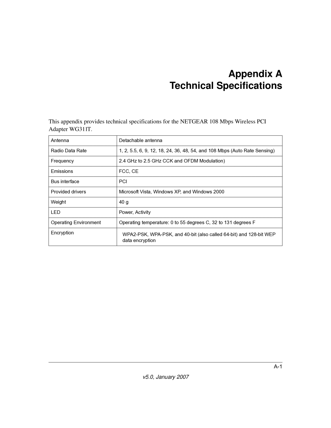 NETGEAR WG311T user manual Appendix a Technical Specifications, Led 