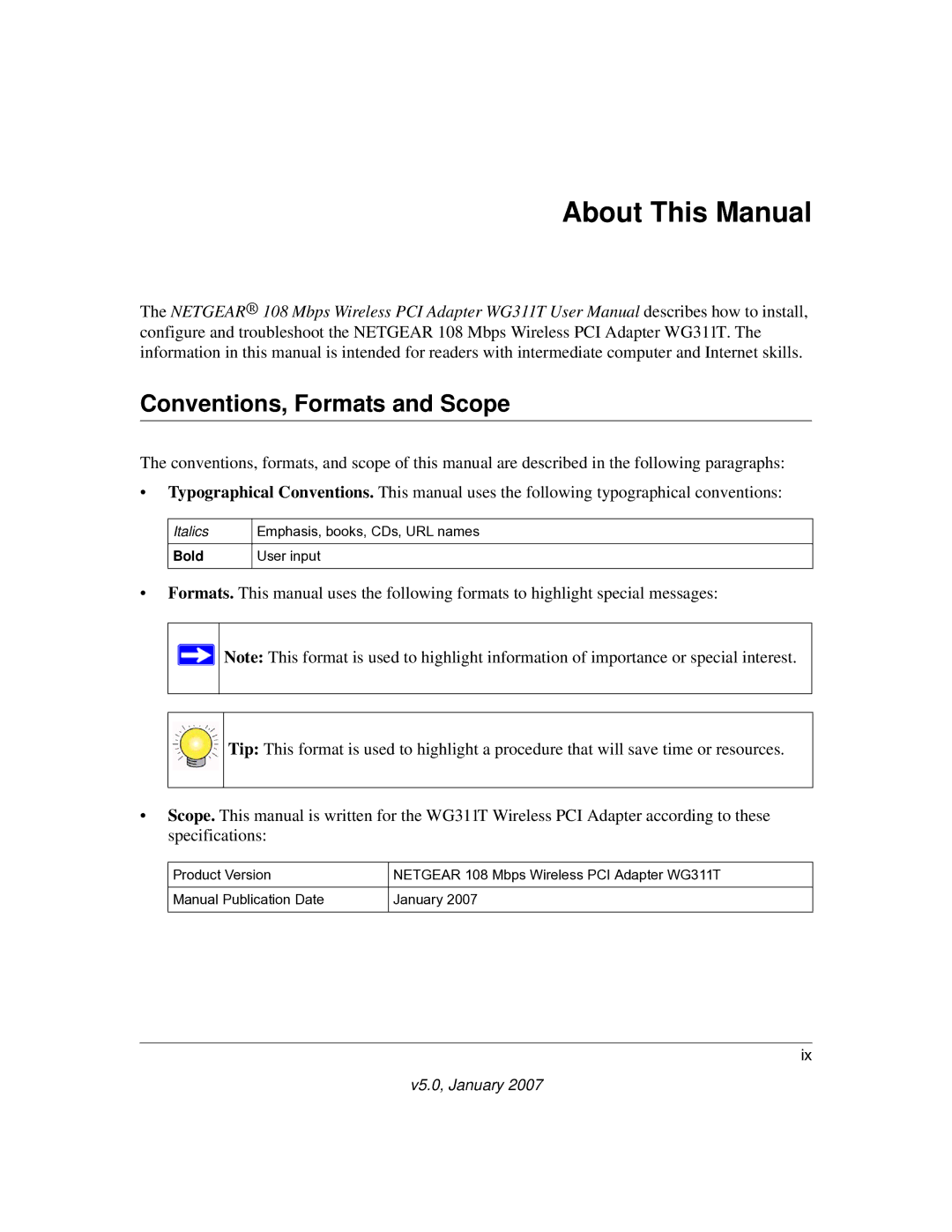 NETGEAR WG311T user manual About This Manual, Conventions, Formats and Scope 