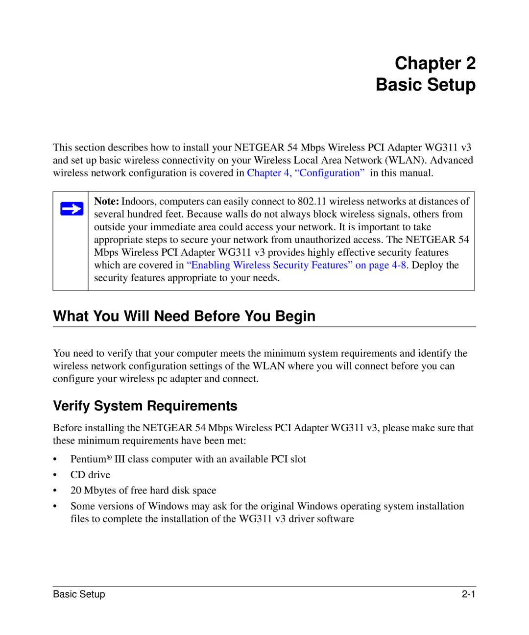 NETGEAR WG311v3 manual Chapter Basic Setup, What You Will Need Before You Begin, Verify System Requirements 