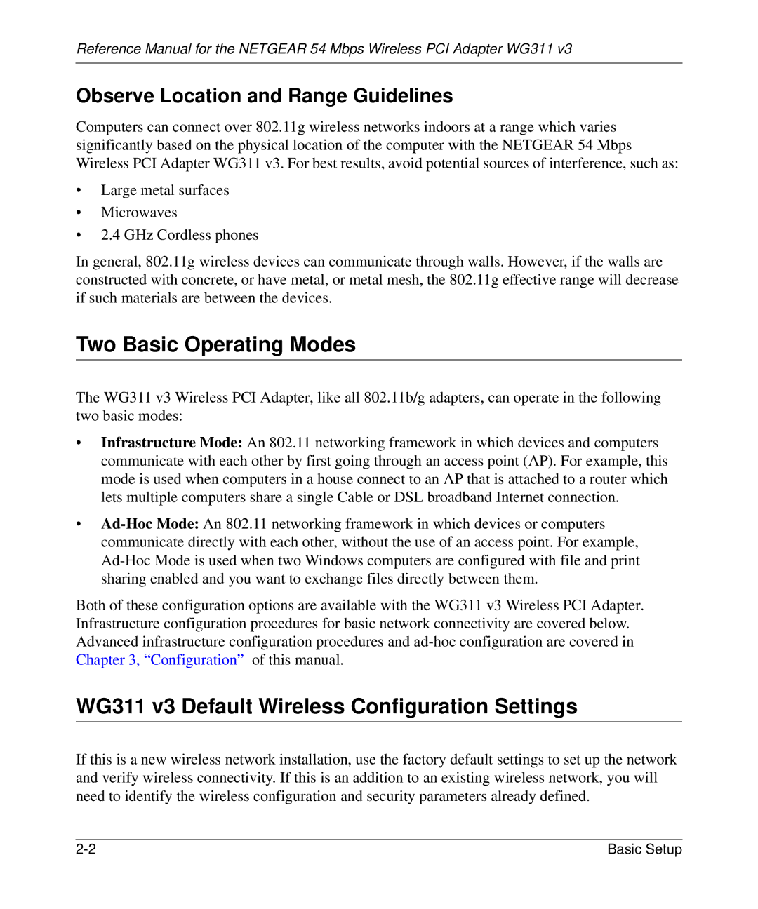 NETGEAR WG311v3 manual Two Basic Operating Modes, WG311 v3 Default Wireless Configuration Settings 