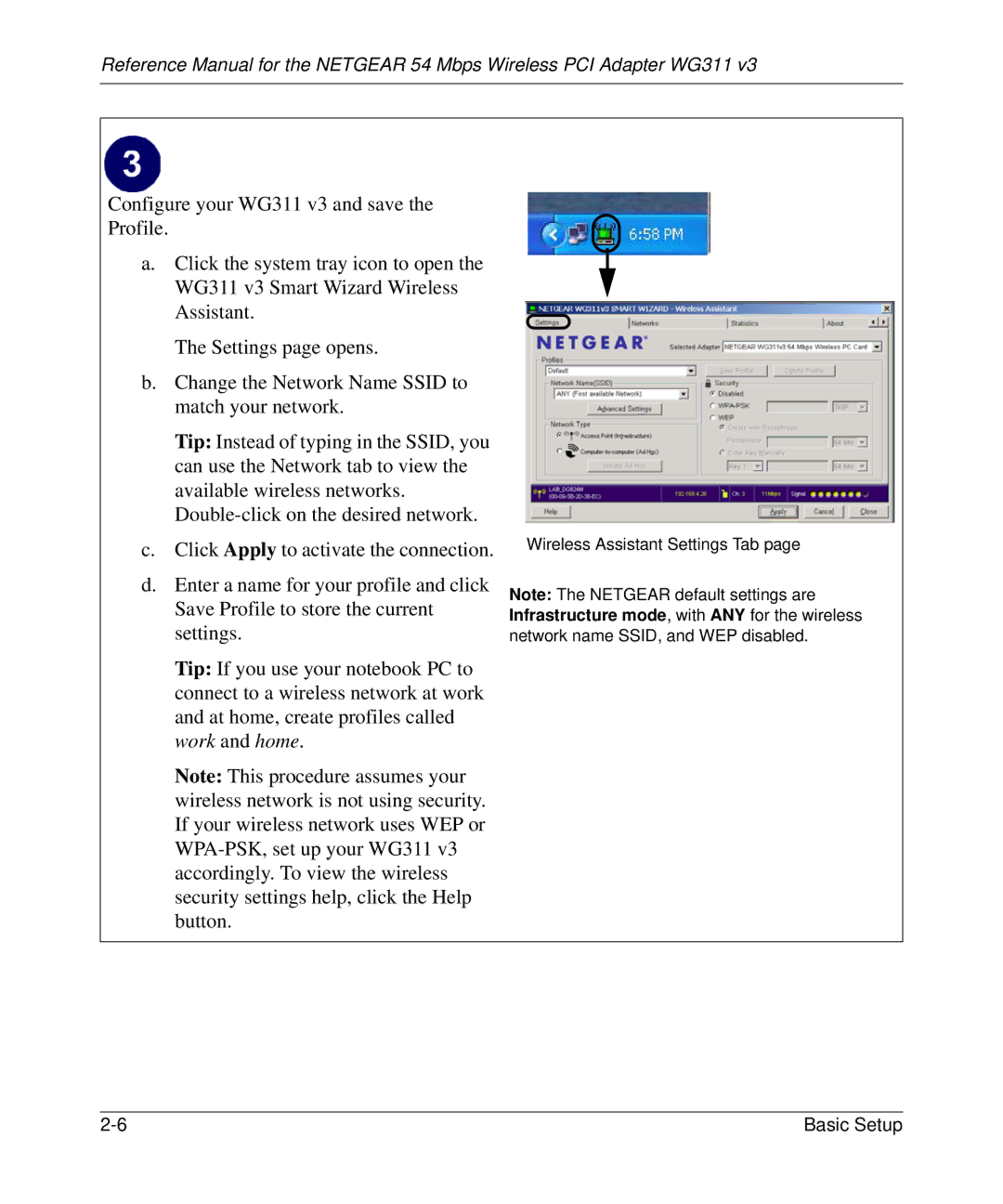 NETGEAR WG311v3 manual Wireless Assistant Settings Tab 