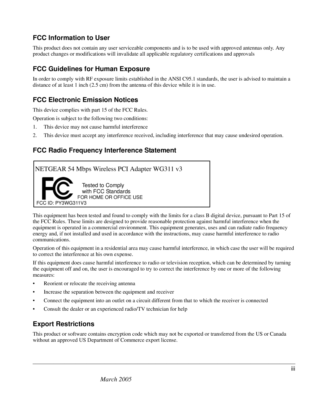 NETGEAR WG311v3 manual FCC Information to User 