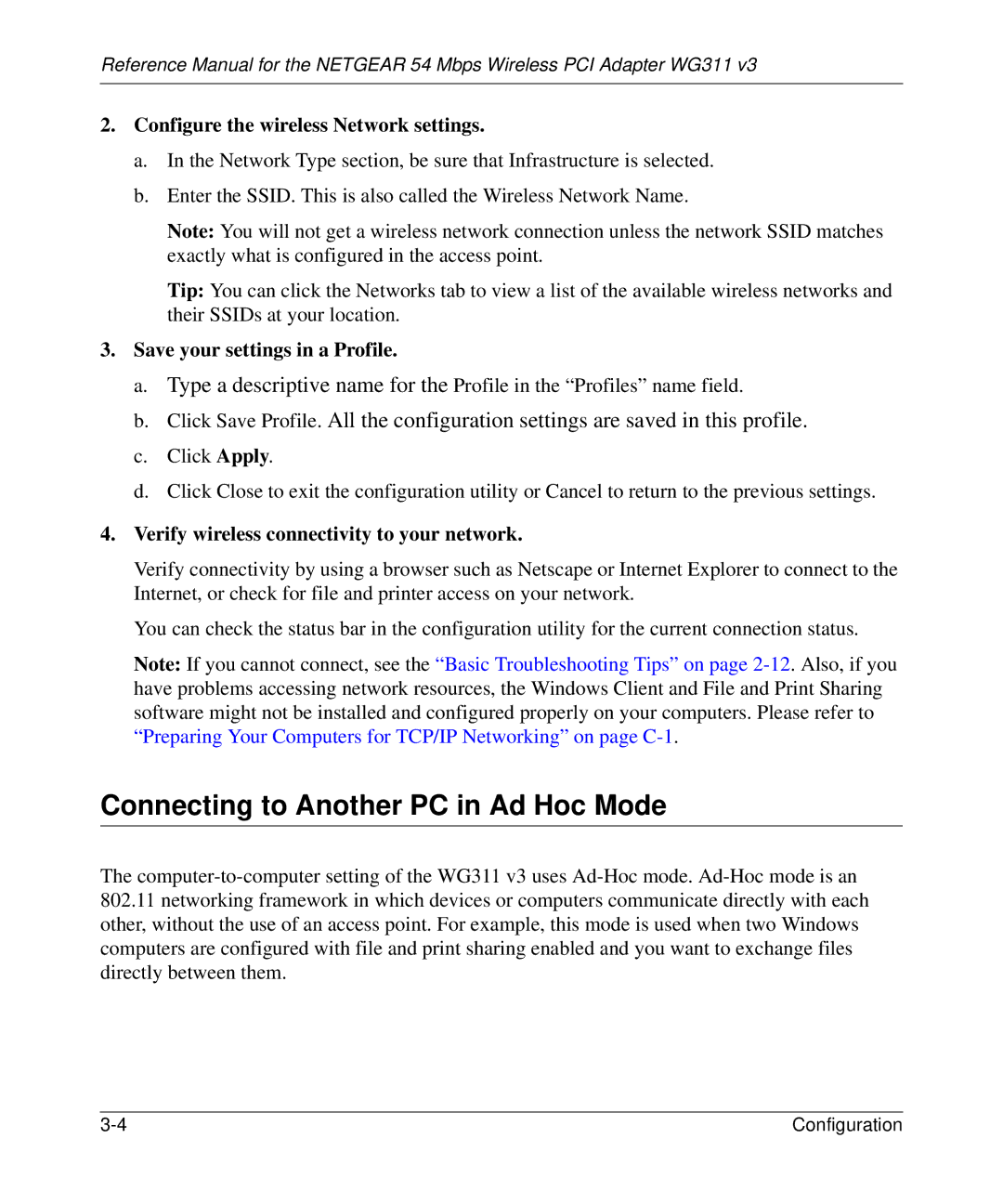 NETGEAR WG311v3 manual Connecting to Another PC in Ad Hoc Mode, Configure the wireless Network settings 