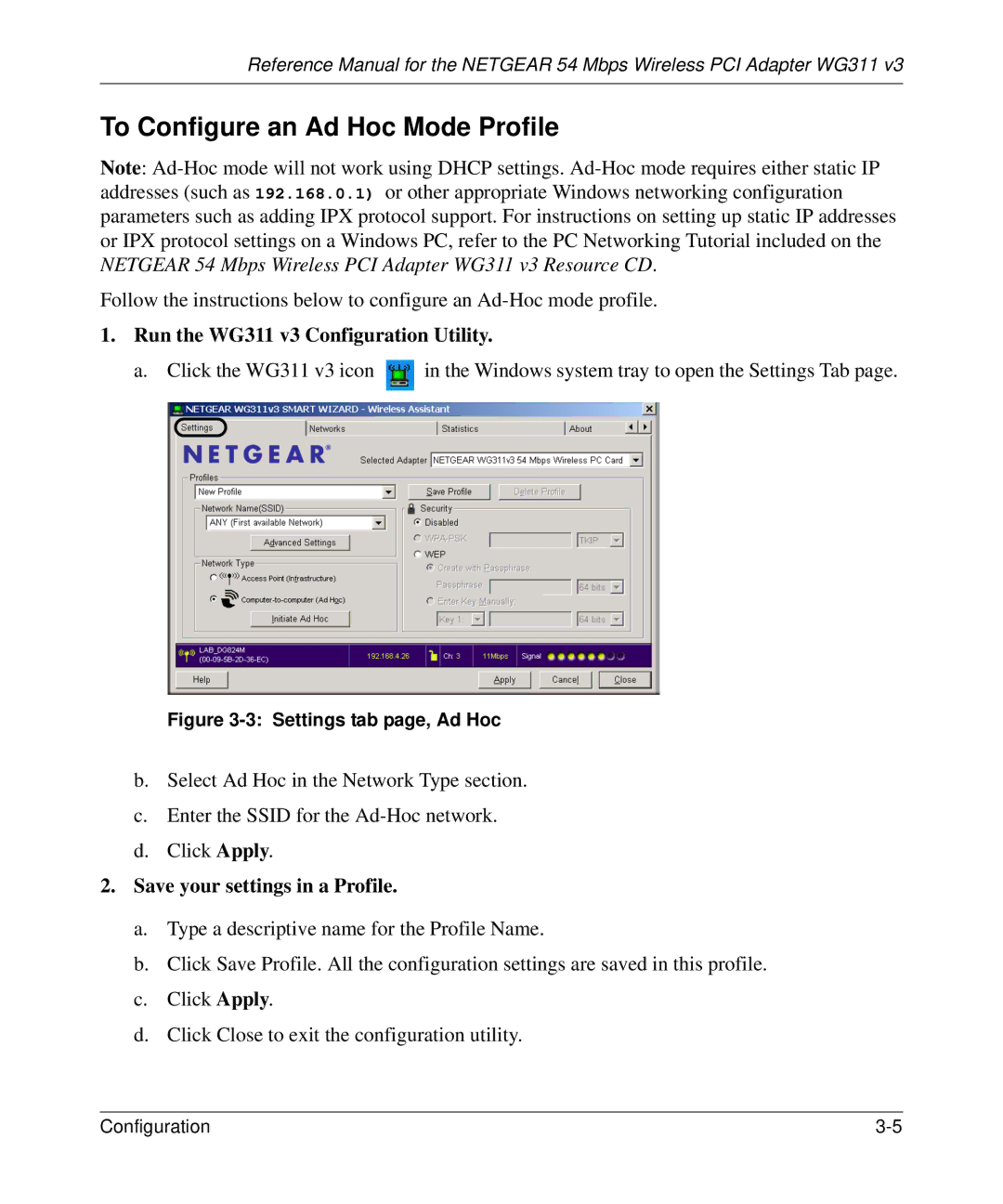 NETGEAR WG311v3 manual To Configure an Ad Hoc Mode Profile, Settings tab page, Ad Hoc 