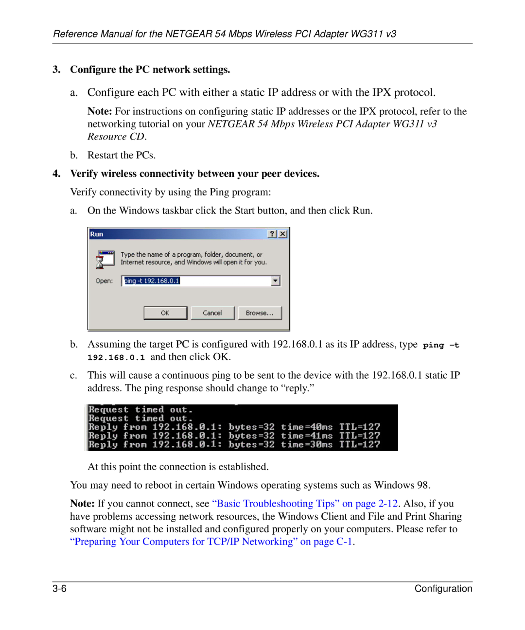 NETGEAR WG311v3 manual Configure the PC network settings 