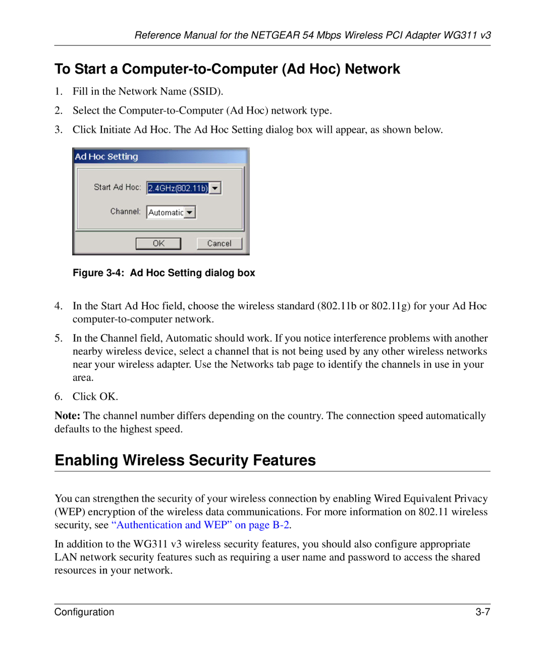 NETGEAR WG311v3 manual Enabling Wireless Security Features, To Start a Computer-to-Computer Ad Hoc Network 