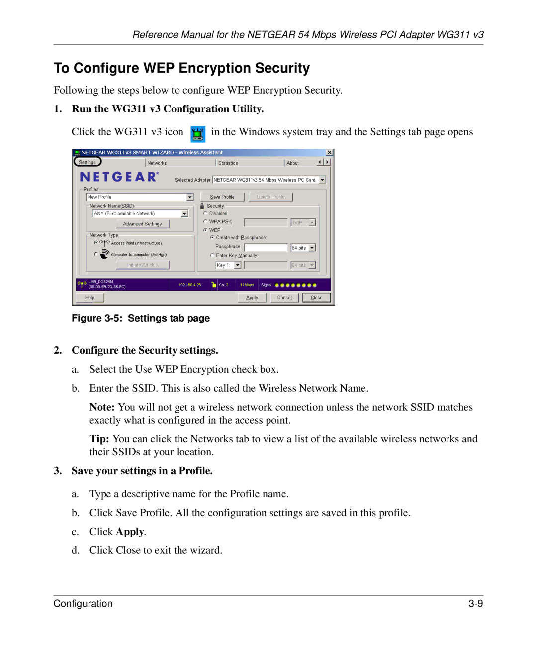 NETGEAR WG311v3 manual To Configure WEP Encryption Security, Configure the Security settings 