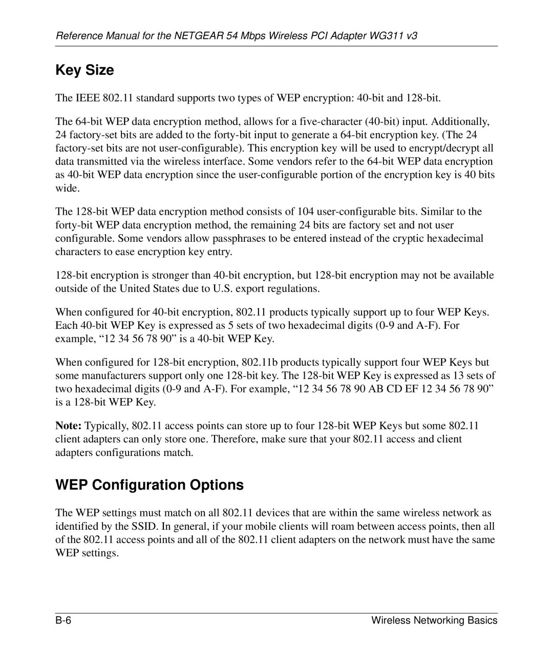 NETGEAR WG311v3 manual Key Size, WEP Configuration Options 