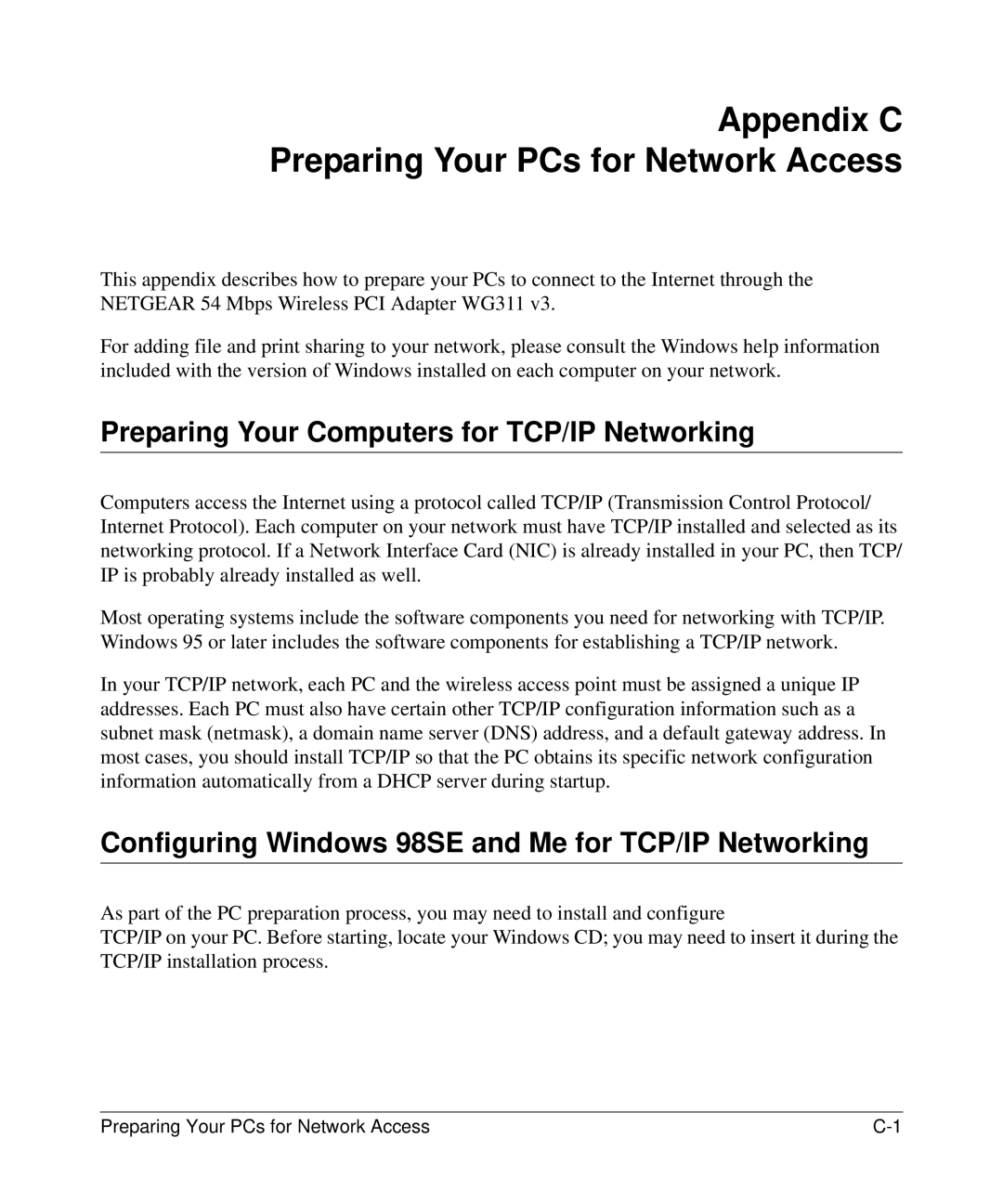 NETGEAR WG311v3 manual Appendix C Preparing Your PCs for Network Access, Preparing Your Computers for TCP/IP Networking 