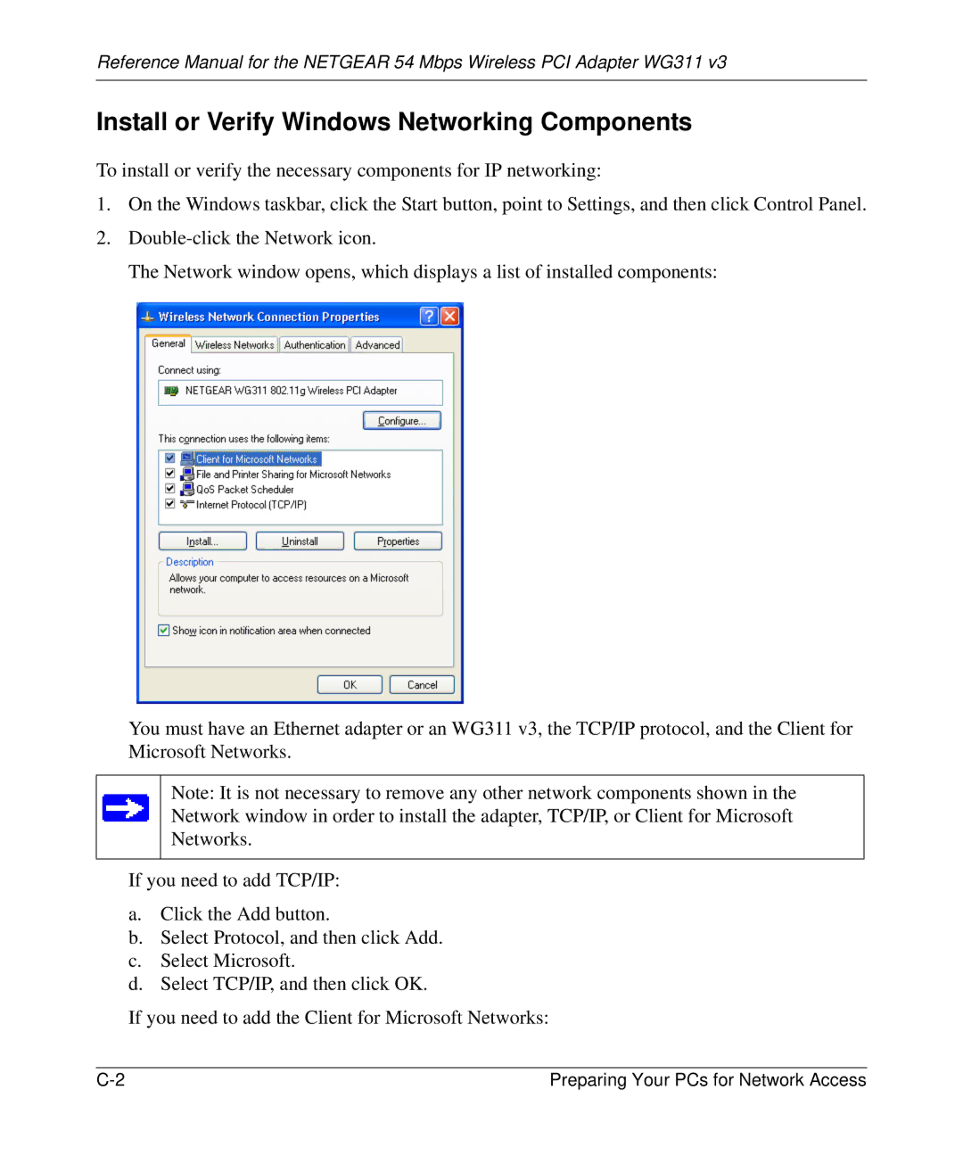 NETGEAR WG311v3 manual Install or Verify Windows Networking Components 