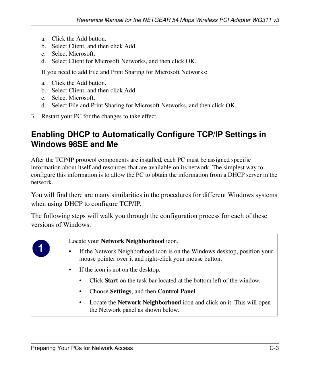 NETGEAR WG311v3 manual Locate your Network Neighborhood icon, Choose Settings, and then Control Panel 