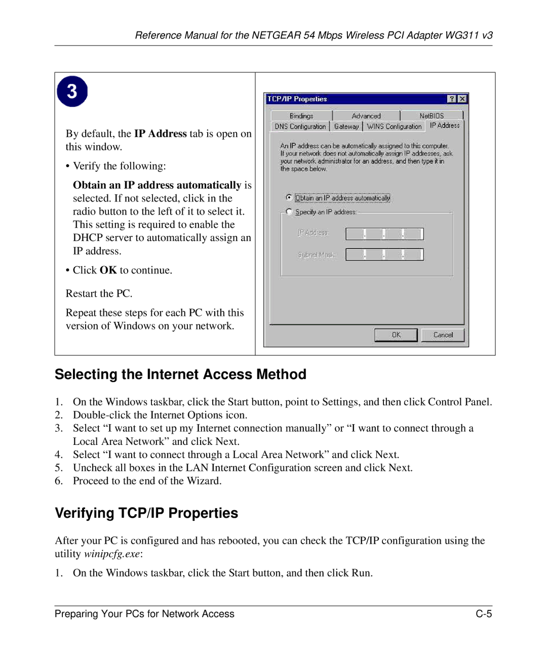 NETGEAR WG311v3 manual Selecting the Internet Access Method, Verifying TCP/IP Properties 