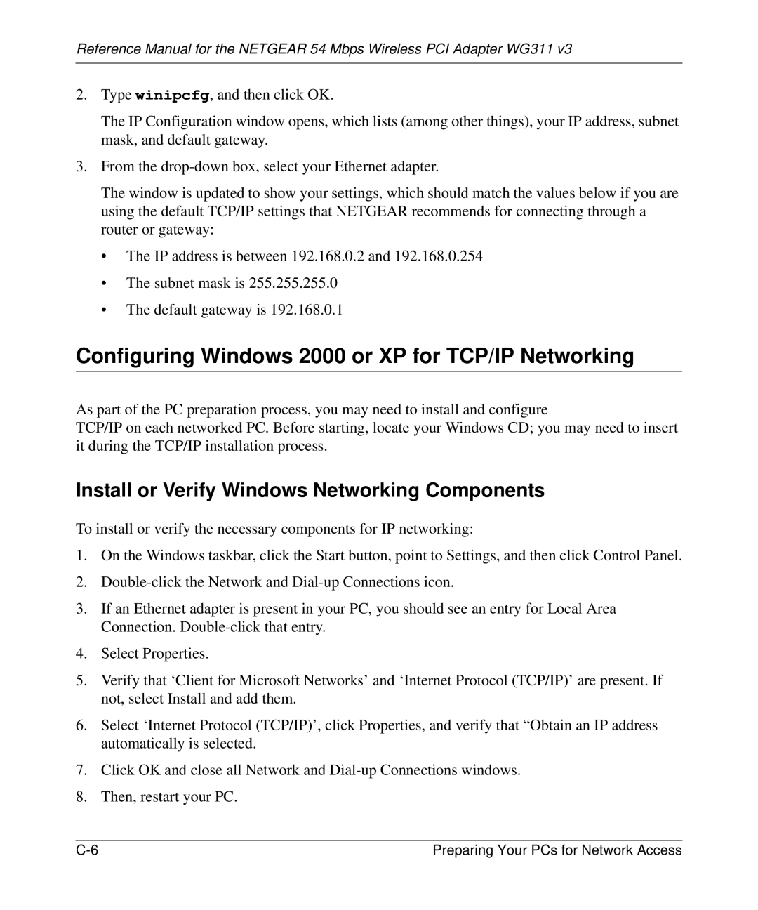 NETGEAR WG311v3 Configuring Windows 2000 or XP for TCP/IP Networking, Install or Verify Windows Networking Components 