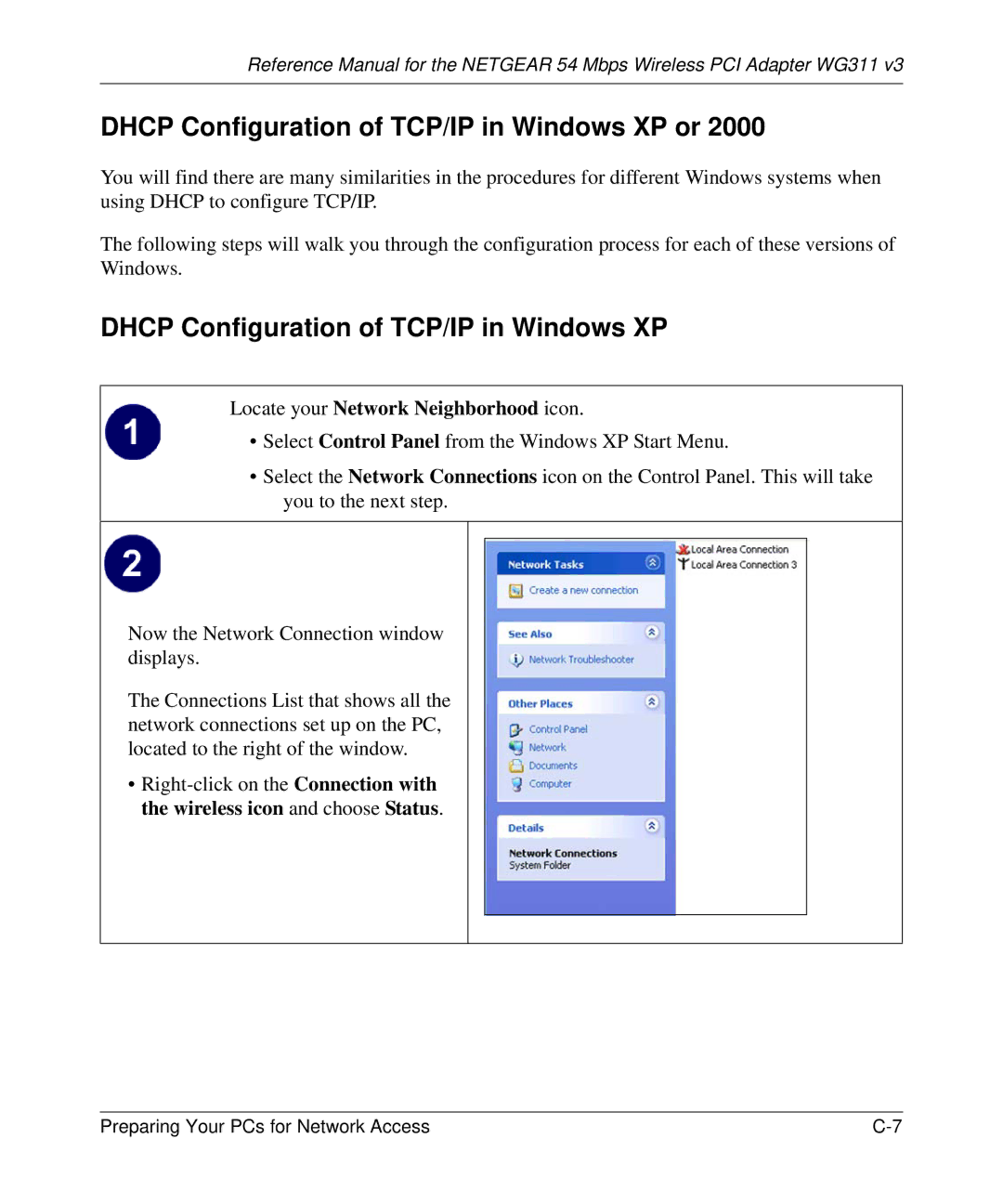 NETGEAR WG311v3 manual Dhcp Configuration of TCP/IP in Windows XP or 